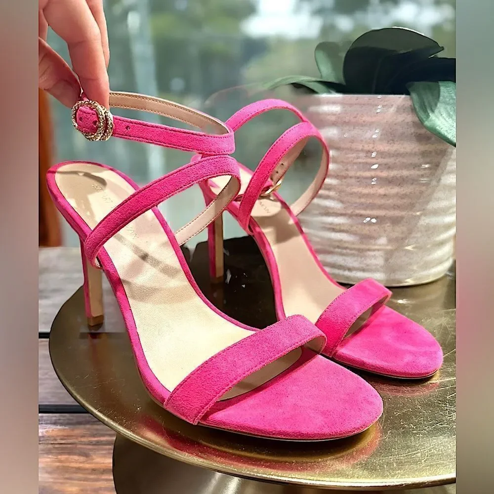 Stuart Weitzman Crystal Buckle 95 Suede Sandal Heels Size 8.5
